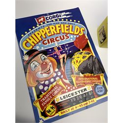 Sixteen Corgi limited edition Chipperfields Circus models - 07202 Land Rover Public Address & Clowns; 11201 ERF KV Artic with cages lions, tigers, pedestal & tamer; 14201 Foden S21 Articulated Tank Trailer with hippo & crocodile; 17801 Scammell Constructor Cannon & Ringmaster; 31703 Land Rover, Morris Minor Pick-Up, Thames Trader & AEC Fire Engine; 31901 Mary Chipperfield's Liberty Horses; 96905 Advance Booking Vehicle; 97022 AEC Regal Living Quarters; 97092 Bedford Pantechnicon Billy Smee Wardrobe; 97915 Scammell Highwayman with two trailers; 97887 Bedford O Articulated Horsebox; 97888 Foden Closed Pole Truck with Caravan; 97889 AEC Cage Truck & Trailer; 97896 AEC Pole Truck; 97957 ERF 8-Wheel Rigid Truck; and Set No.1 Six Circus Figures; all mint and boxed with certificates, some with posters, and brochure (16)