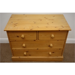  Solid Pine chest of two short and two long drawers, plinth base, W91cm, H69cm, D50cm  