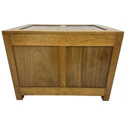 20th century panelled oak blanket chest, rectangular hinged top, raised on square supports