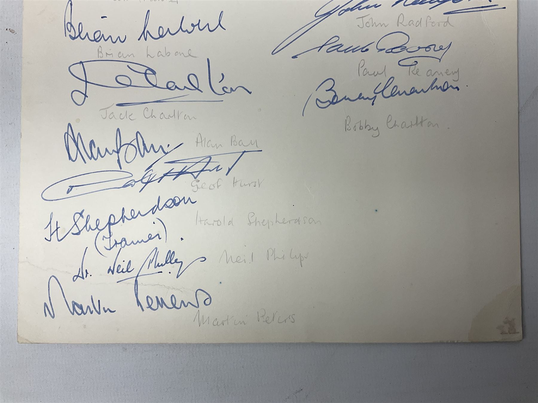Hendon Hall Hotel letter heading signed by nineteen players and staff of the England football team including Alf Ramsey, Gordon Banks, Nobby Stiles, Jack Charlton, Alan Ball, Geoff Hurst, Martin Peters, Roger Hunt, Bobby Charlton, Norman Hunter, Francis Lee, Alan Mullery, Bob McNab etc probably before the 15th January1969 game against Romania as also signed by Paul Reaney