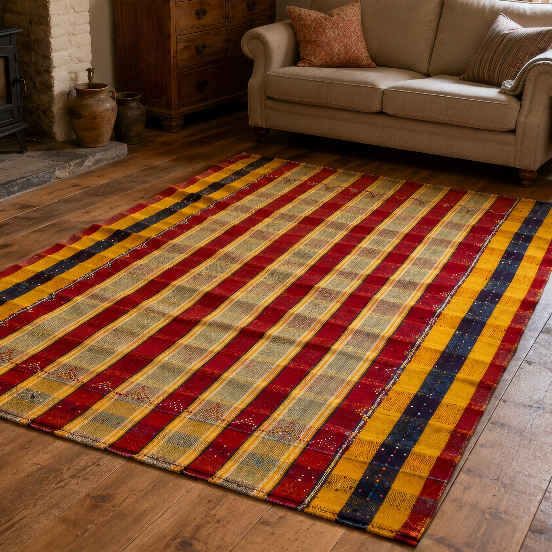 South West Persian Jajim flatweave kilim, field with alternating vertical bands of red, yellow, navy and pale green, decorated with geometric and polychrome raised pile accents, fringe ends 