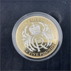 King Charles III 2023 'Coronation Silver Proof Mint Masters Set' comprising Bailiwick of Jersey, Bailiwick of Guernsey and Isle of Man sterling silver proof five pound coins, cased with certificate and Queen Elizabeth II 2019 Bailiwick of Jersey 'Remember With Us' silver two pound and five pound pair, cased with CPM certificate