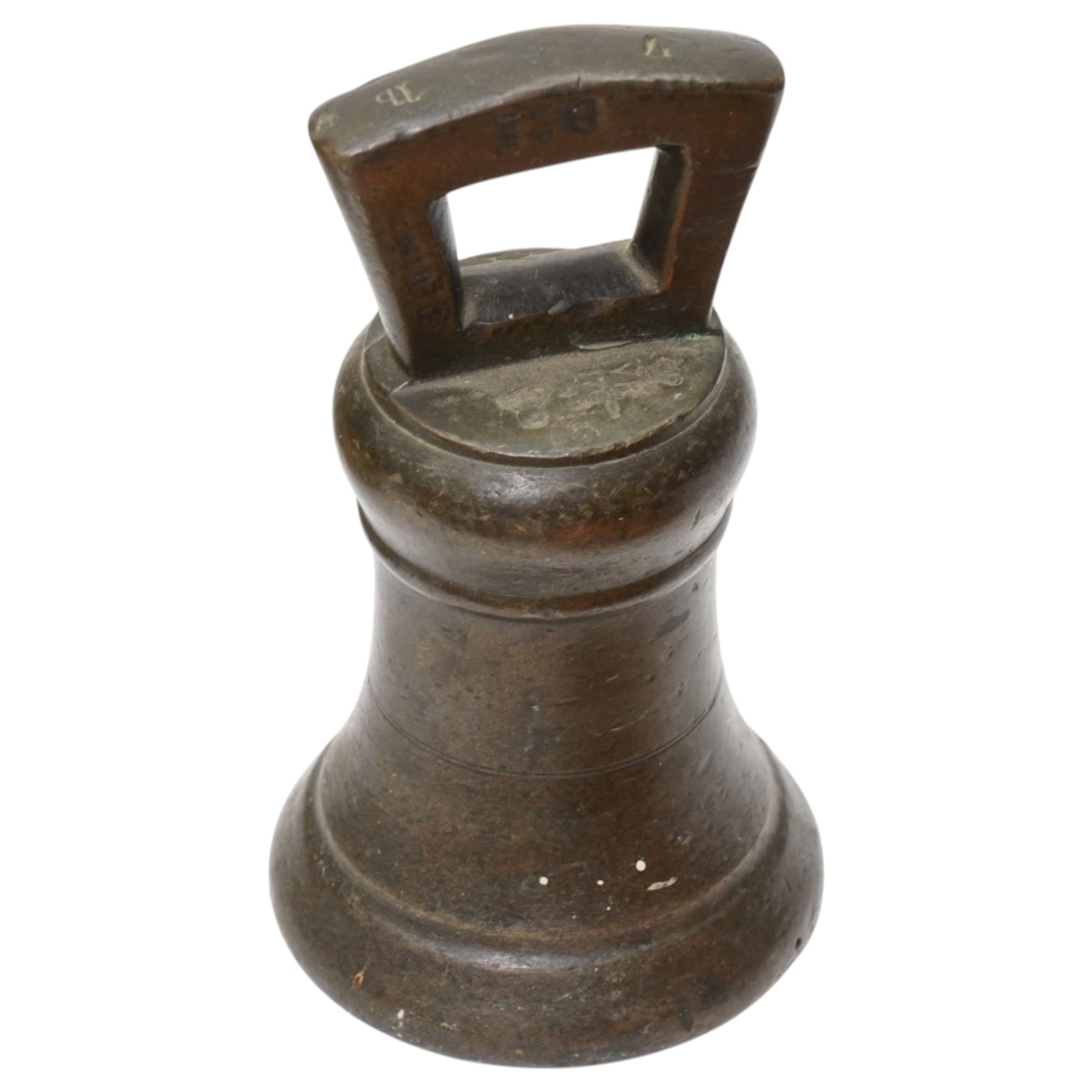 Victorian bronze weight; large padlock, jam pan, copper kettle and warming pan 
