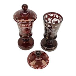 Pair of Victorian Bohemian ruby glass goblet and cover, together with a blue glass decanter and a ruby plate with silvered overlay, goblets H24cm 