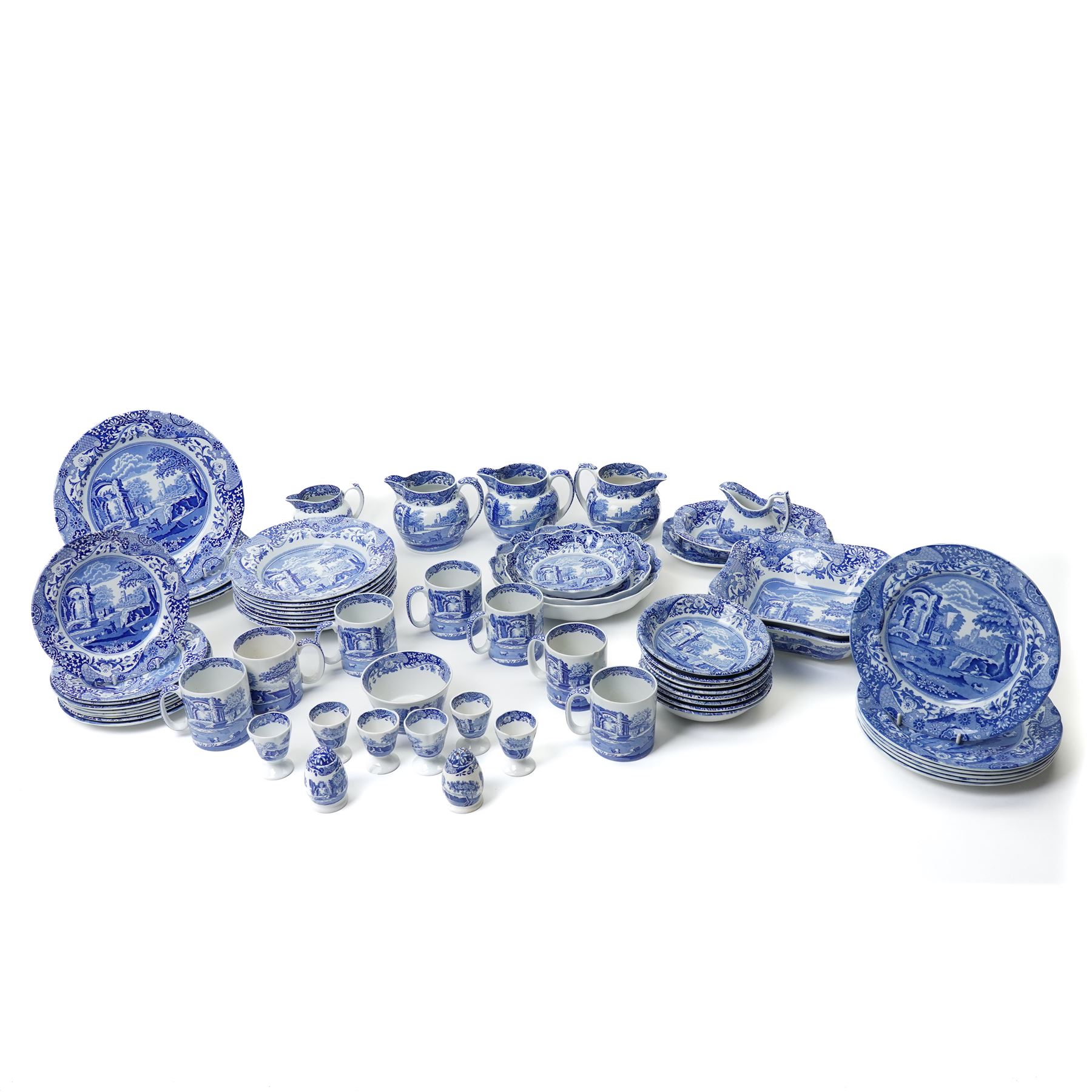 Large and extensive collection of Spode Italian blue and white tea and dinner wares, including various sized plates, serving dishes, mugs, etc, with mixed blue and black backstamps