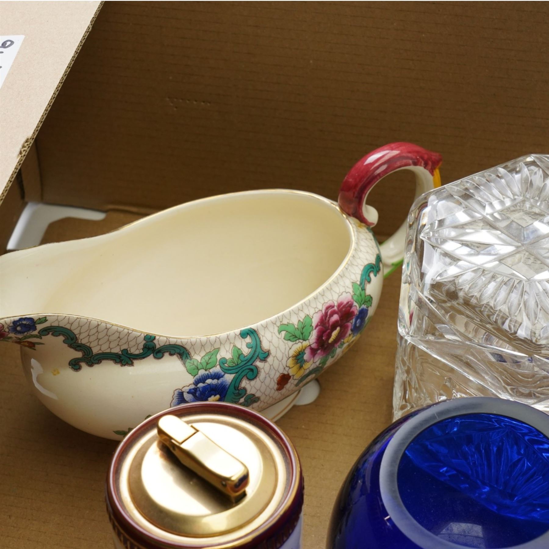 Three blue glass vases, six brandy balloons, Colibri table lighter, glass biscuit box and other items in two boxes