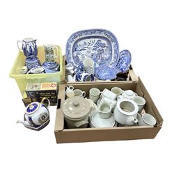 Quantity of Spode to include blue and black marked examples, Churchill Homespun tea wares, stoneware jar, other ceramics etc