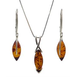 Silver Baltic amber marquise shaped pendant necklace and pair of matching earrings, stamped 925