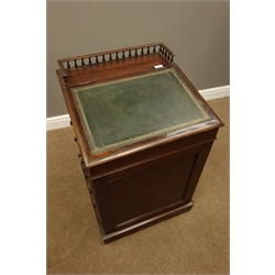  Victorian birds eye maple davenport, turned gallery above sliding sloped top with leather inset, hinged with fitted interior, right hand with bank of four graduating drawers and pen slide, plinth base, W55cm, H84cm, D55cm  