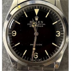 Rolex Oyster Perpetual Explorer Precision gentleman's automatic wristwatch, circa 1967, Ref. 5500, serial No. 1737240, gloss black dial with luminous baton hour markers, Arabic quarters, Mercedes hands with luminous inserts, on Rolex Oyster stainless steel strap with fold-over clasp