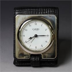 Silver mounted glass decanter, boxed with wooden plinth, together with a silver pepper grinder and a silver mounted Carrs desk clock, all hallmarked
