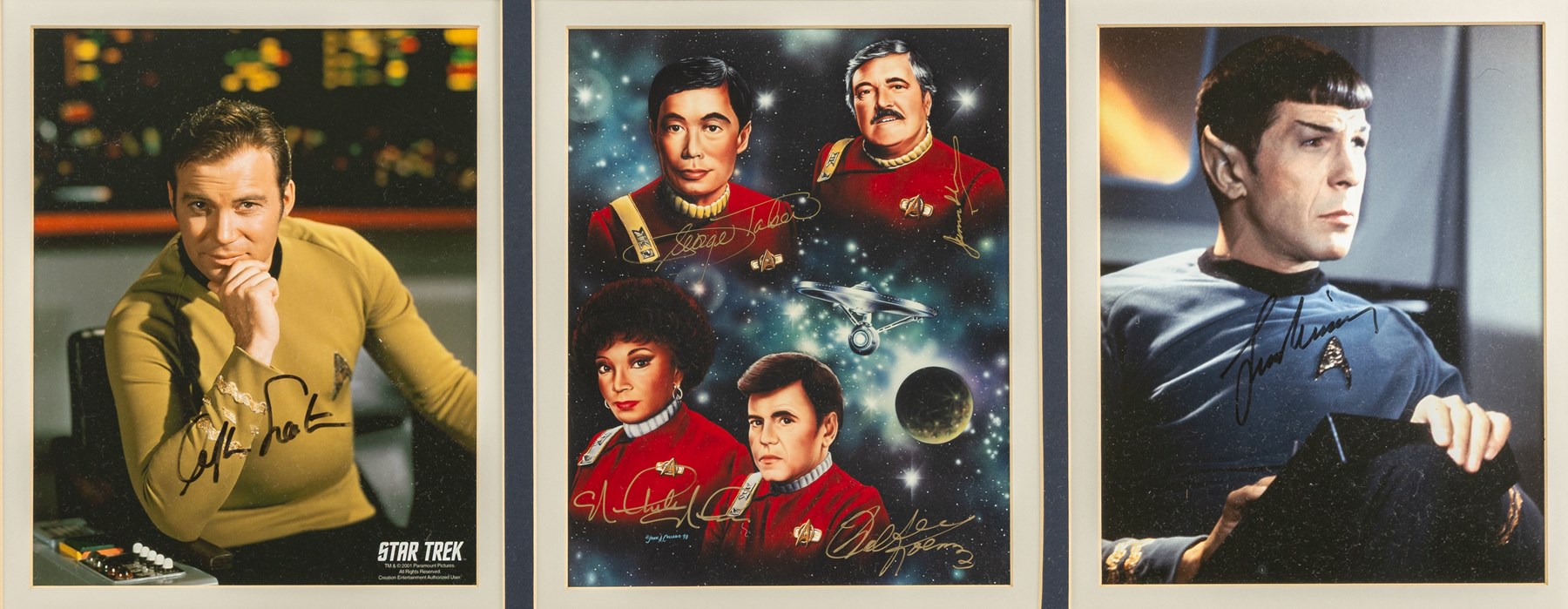 Limited edition Star Wars print 'The Voyage Begins' by Stewart Robinson numbered 516/1701, framed above three signed photographs of William Shatner as Captain James T. Kirk, Leonard Nimoy as Mr Spock and The Star Trek Legendary Four, all with certificates of authenticity verso, frame H109cm, W90cm