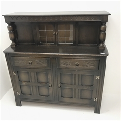 Priory oak court cupboard sideboard, raised back with two lead display doors above two drawers and two cupboards, stile supports, W123cm, H126cm, D45cm