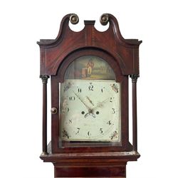 Oak and Mahogany - 8-day longcase clock c1830 with a swan necked pediment and break arch hood door beneath flanked by reeded pilasters with Corinthian capitals,  trunk with three quarter reeded columns and a short door with canted corners, on a conforming plinth with a raised panel, painted dial with Arabic numerals, painted birds to the spandrels and a depiction of a soldier and encampment to the arch, with subsidiary calendar aperture and seconds dial, makers name indistinct, with a rack striking movement striking the hours on a bell.  No weights or pendulum.