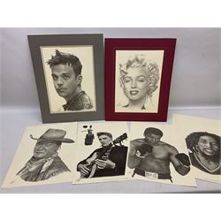 After Chris Burns, twenty-one unframed monochrome prints of pop, film and sports stars including The Beatles, John Lennon, Jimi Hendrix, Madonna, Marilyn Monroe, John Wayne, Bruce Lee, Audrey Hepburn, David Beckham, Manchester United etc. 29.5 x 42cm; some card mounted; and 1935 Silver Jubilee Daily Mail newspaper