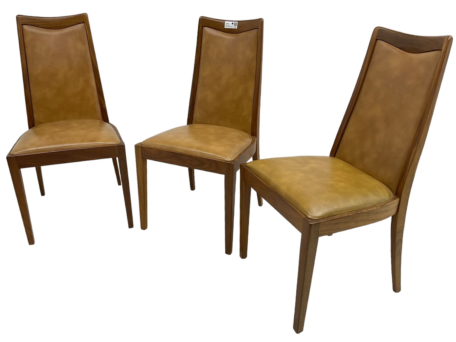 G-Plan - set of six mid-20th century teak 'Fresco' dining chairs, high back and seat upholstered in tan faux leather, on square tapering supports