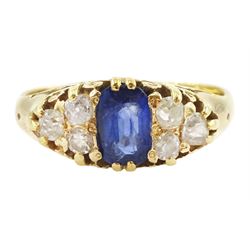 Gold cushion cut sapphire and six stone, old cut diamond ring, stamped 18ct, sapphire appr...