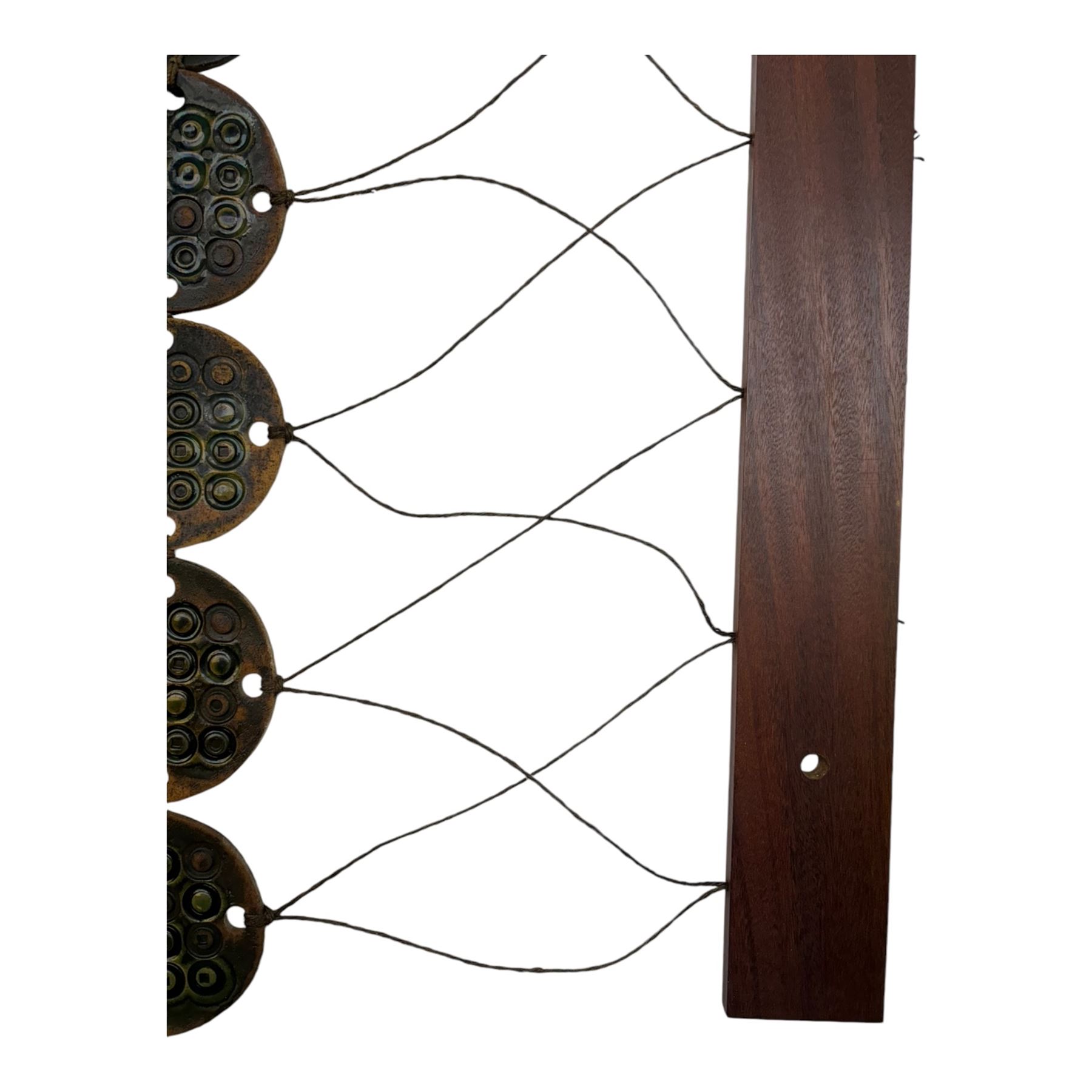 Attributed to Hornsea Pottery wall, hanging, with geometric circles attached to a wooden beam