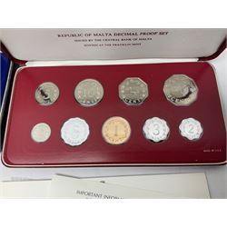 First National Coinage of Barbados 1973 proof eight coin set, from ten dollars to one cent, the ten dollar coin minted in sterling silver, the five dollar coin minted in 800 silver, and a Barbados 1974 proof eight coin set, both minted at The Franklin Mint, cased with certificates; two Republic of Malta decimal proof coin sets, dated 1978 and 1979, the 1979 one pound coin minted in sterling silver, both minted at The Franklin Mint, cased with certificates; Cayman Islands 1973 proof eight coin set, minted at the Royal Canadian Mint, cased; and a Cayman Islands 1979 proof eight coin set, the five dollar to fifty cents coins each minted in sterling silver, minted at the Franklin Mint, cased with certificate (6)