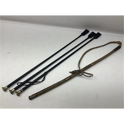 Collection of hunting crops and riding whips, including horn handle examples with silver cuffs