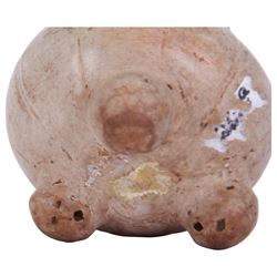 Maya pottery tetrapod bowl or jar, the cream glazed body of part ribbed bulbous form with short neck, upon three short feet, H10cm

With accompanying collectors note detailed 'Maya musical bowl, exceedingly rare cream glaze. Pre-Classic period Circa 400 AD.'