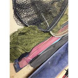 Collection of fishing rods and nets, including Alex Martin Scotia salmon rod, Shakespeare 1650, Allcocks Lucky Strike split cane rod and Chevron Pike 11ft, etc