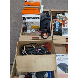 Large collection of photography equipment, including two video cameras JVC and a Panasonic 3CCD, tripods, filters, photograph paper, developing equipment, Dalite projector screen, etc, some boxed some empty boxes, and a Midgard Pocket Microscope