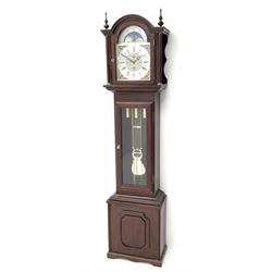 Fenclocks Suffolk - contemporary mahogany longcase clock, stepped arch hood with plain pilaster columns, moon phase dial and silvered Roman chapter ring, with chime set/silent lever, triple weight driven quarter chiming movement