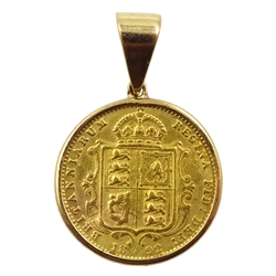 1892 gold shield back half sovereign, loose mounted in 9ct gold pendant hallmarked, approx 5.1gm