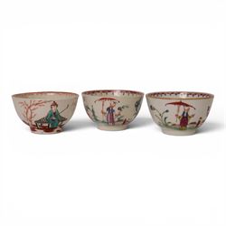 18th/ 19th century chinoiserie decorated porcelain including two New Hall tea bowls and a coffee cup in Boy and the Windmill pattern, Worcester Mandarin coffee cup and Liverpool tea bowl 