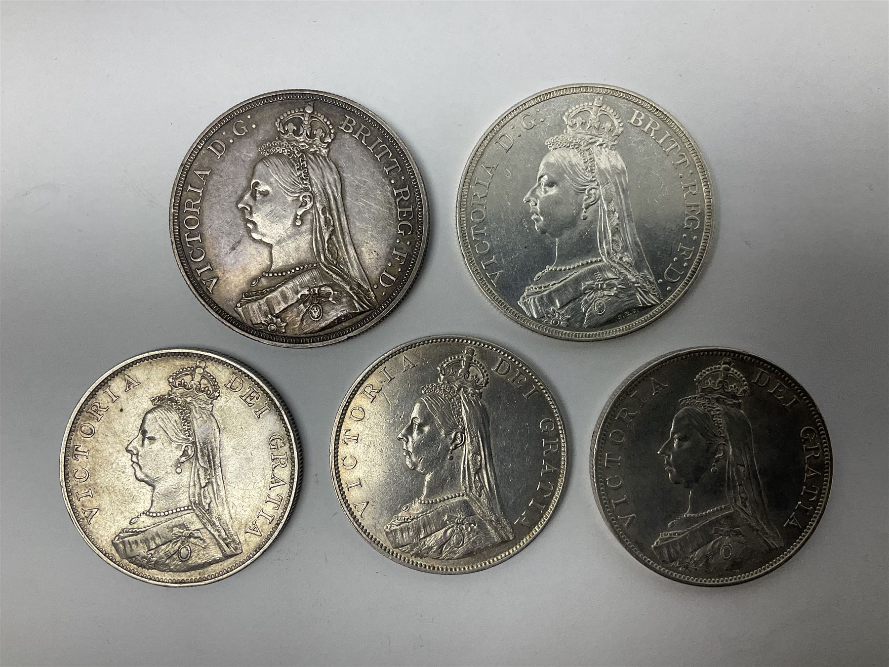 Two Queen Victoria 1887 crown coins and three 1887 double florin coins (5)
