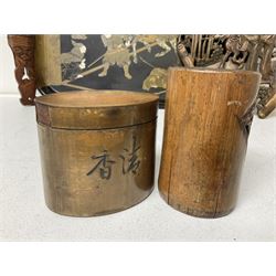Carved bamboo brush pot, together with Japanese black lacquered tray, with  gilt figural decoration, carved wall handing and other wooden items 