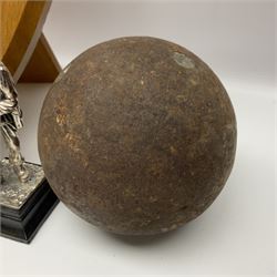 Parachute regiment - chrome crest on oak easel shield; three cloth badges; small silver plated figure; and pin badge; together with 10cm diameter cannon ball etc