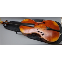  Mid-19th century German cello with 74cm two-piece maple back and ribs and spruce top, L121cm, in soft carrying case  
