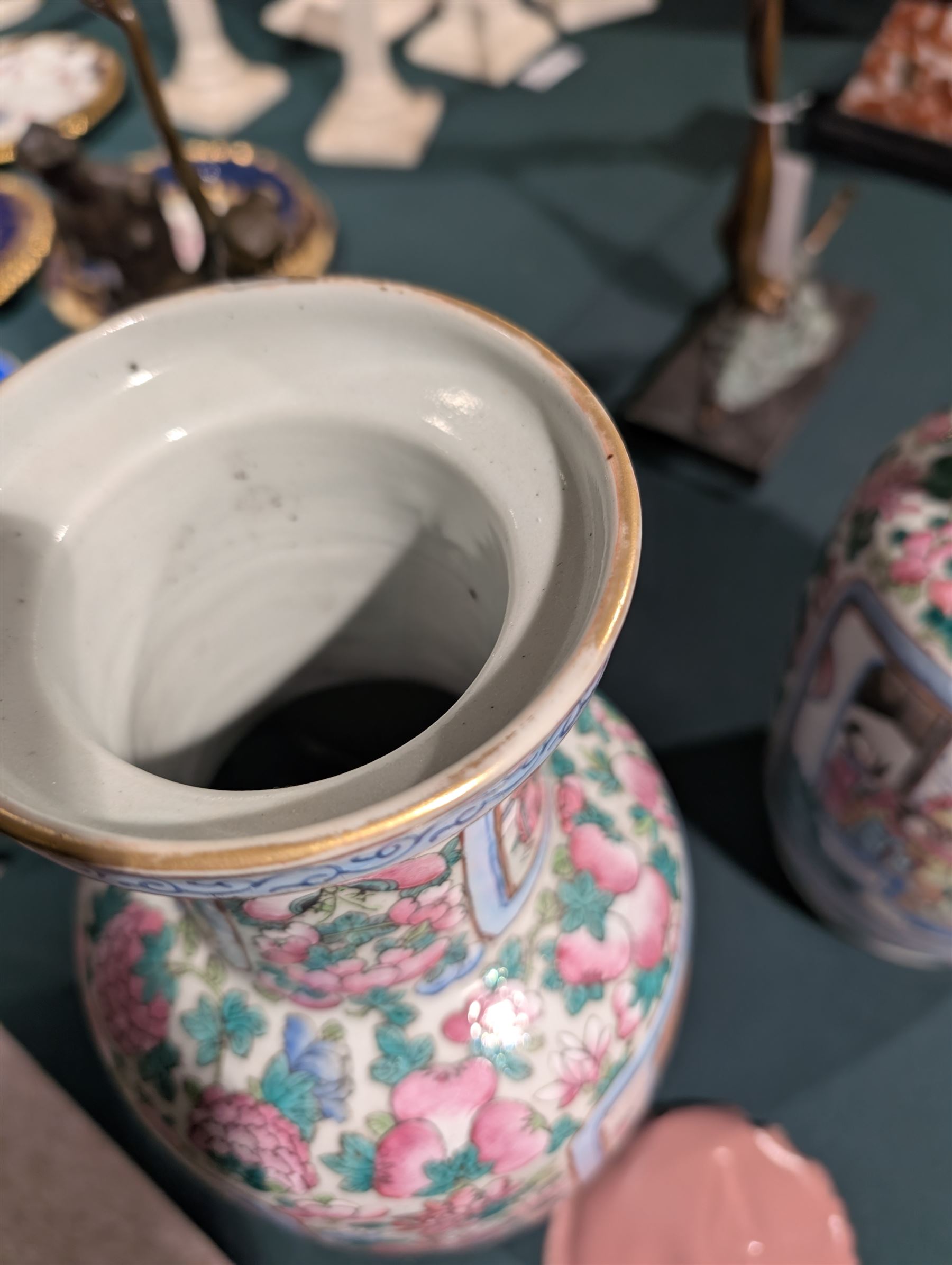 Pair of Chinese Canton famille rose vases, with panels of court terrace scenes surrounded by foliate borders, H35cm 