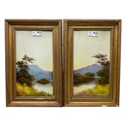 English School (early 20th century): Mountainous Lake Landscape, pair oils on board 44cm x 24cm (2)