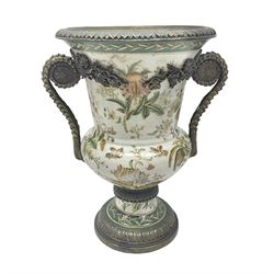 Wong Lee, twin handled ceramic urn with enamelled floral decoration and bronzed metal mounts, marked to base, height 33cm
