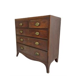 Early 19th century mahogany chest, two short and three long graduating drawers, on splayed bracket feet