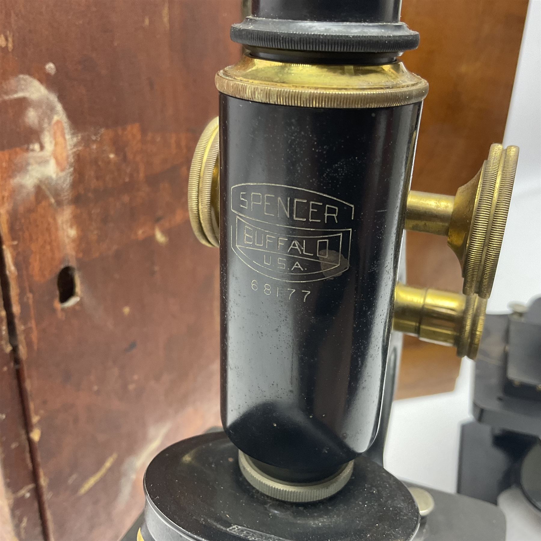 Three boxed microscopes, comprising Hawkslay & Sons Spencer Buffalo microscope no 68177, J Swift & Son microscope and R & J Back microscope no 30241