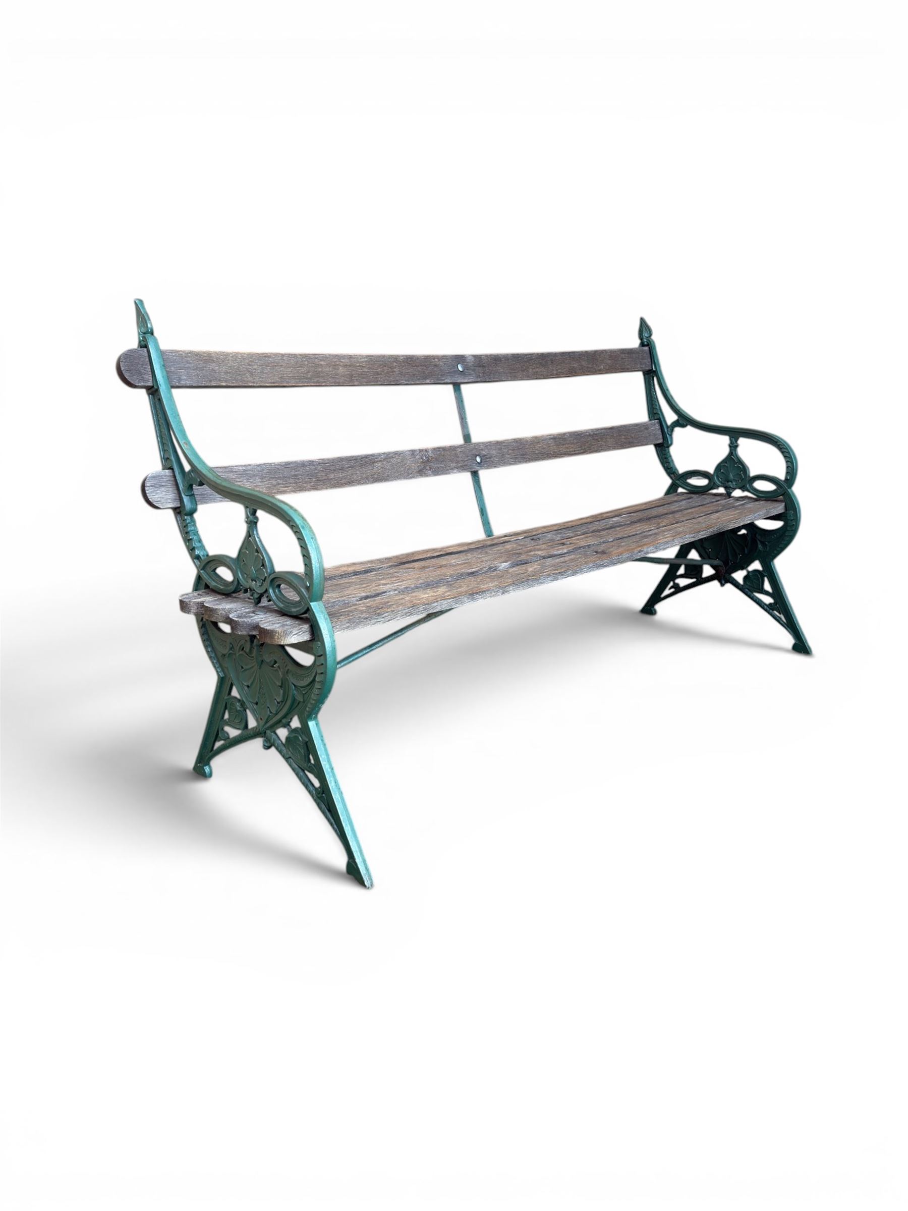 Coalbrookdale - Lily Pad design cast iron an wood slatted garden bench, late 19th century Aesthetic Movement, no. 217569, painted in green with iron centre support and seat stretcher, hardwood slatted
