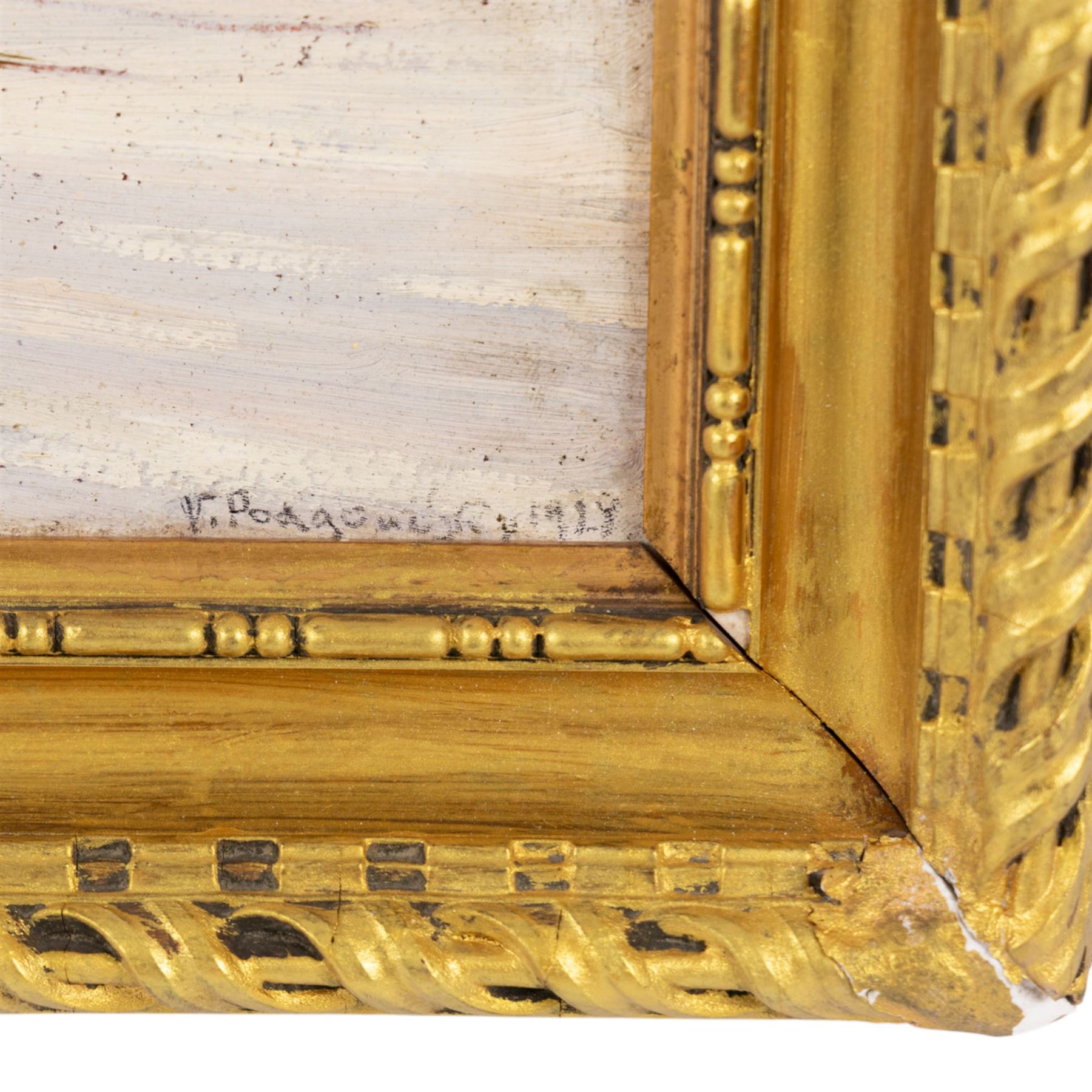 Victor Stepanovich Podgoursky (Russian 1893-1969): Chinese River Landscape, oil on board signed and dated 1928, 31cm x 46.5cm 
Notes: Russian artist who lived in China for 27 years and taught at the Shanghai Academy of Fine Arts. He was known for his paintings of Chinese life 