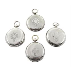 Four Victorian silver open face lever pocket watches, one by W. Hird, Barrow another by J.W. Johnston, Carlisle, two not signed, white enamel dials and a silver dial with Roman numerals and subsidiary and seconds dials, hallmarked (4)