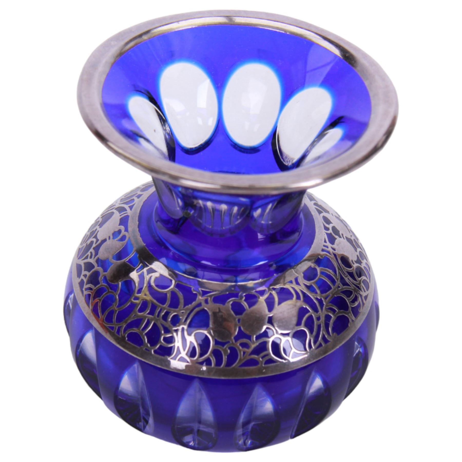 Friedrich Deusch, miniature cut blue glass vase with flared rim, and and silver overlay of foliate sprays, H8cm 