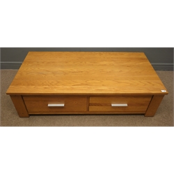  Light oak coffee table, four drawers, stile end supports, (W140cm, H37cm, D71cm) and a matching lamp table with under tier and single drawer  