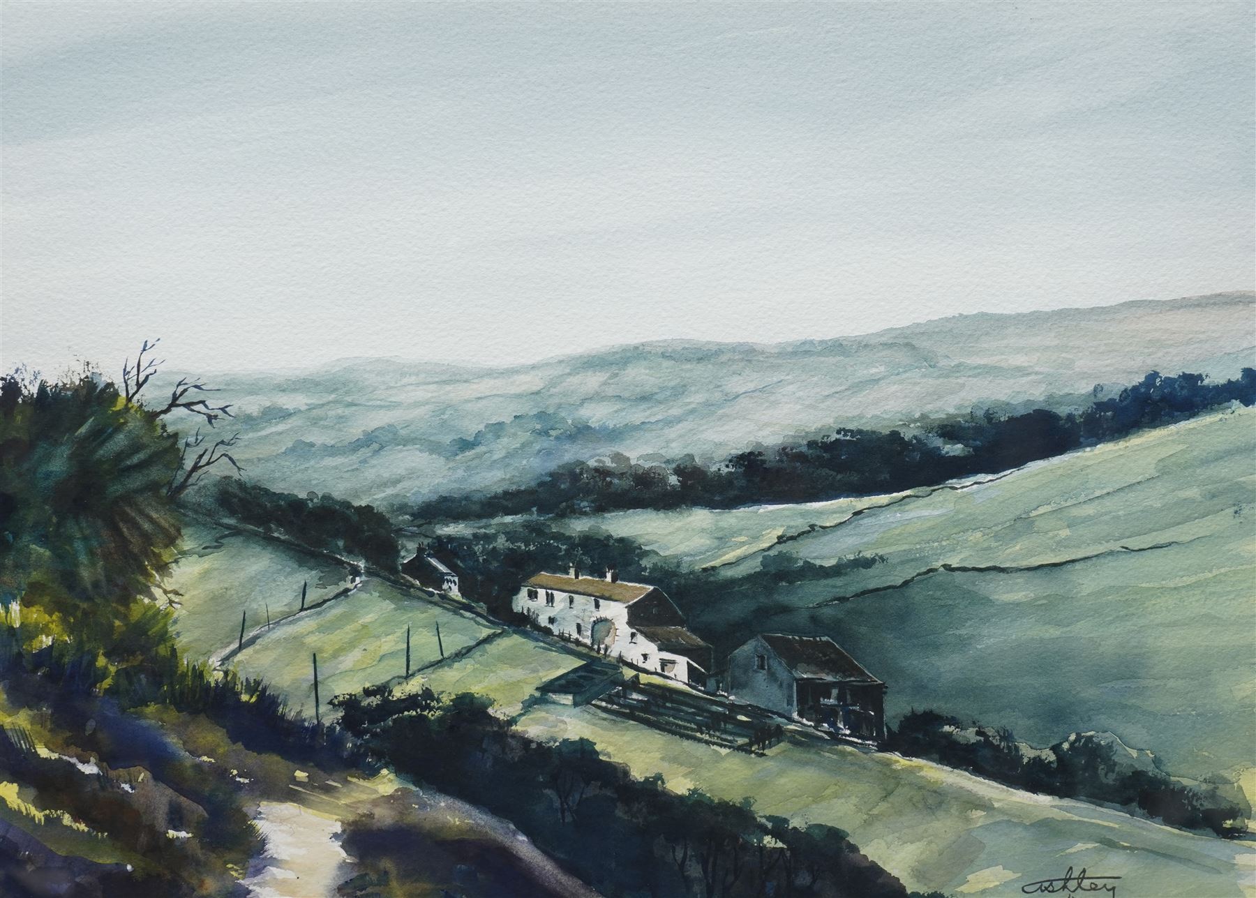 Ashley Jackson (Yorkshire 1940-): 'Surprise Video - Threshfield', watercolour signed, titled on accompanying certificate of authenticity 41cm x 55cm
Provenance: Purchased directly from the artist as part of his TV series 'A Brush with Ashley'