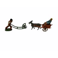 Lead figures - pre-war Charbens goat cart with girl; Timpo ploughman; Timpo cow; Salco Dray Carts; see-saw boat with boy and girl; two Charbens tractors; Taylor & Barrett governess cart; six Wendal figures etc