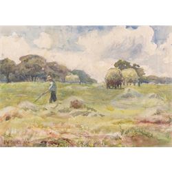 James William Booth (Staithes Group 1867-1953): Man with Scythe in the Hayfield, watercolo...