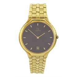 Omega gentleman's 18ct gold quartz wristwatch, Cal, 1436, bronzed dial with date aperture at 6 o'clock, on integrated Omega 18ct gold bracelet strap, with fold-over clasp, hallmarked