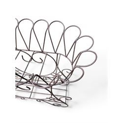 Mid-20th century wirework garden planter, oval form with heart shaped centre, under-tier shelf above scrolling feet