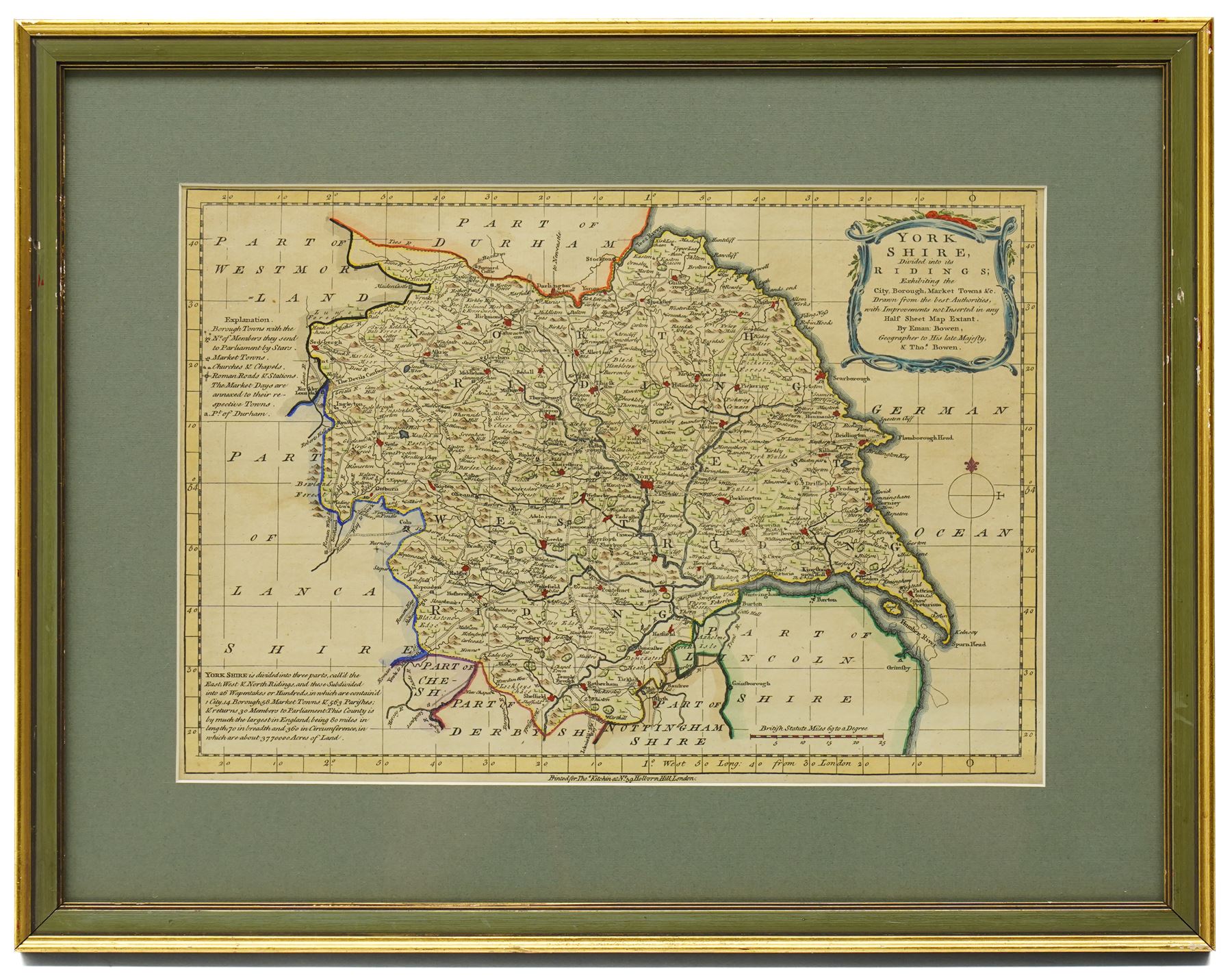 Emanuel Bowen (British 1694-1767): 'Yorkshire Divided into its Ridings' 'North Riding of Yorkshire' 'West Riding of Yorkshire' and 'East Riding of Yorkshire', set of four 18th century engraved maps with hand-colouring pub. Thomas Kitchin c.1750, 24cm x 34cm (4)